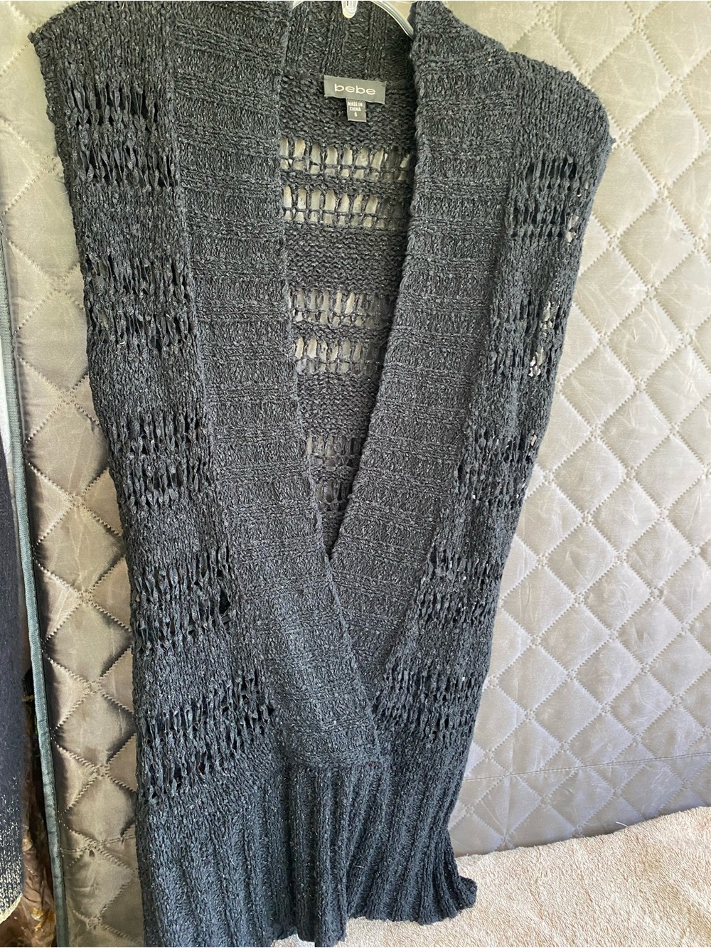 VTG Bebe Y2K Open Knit Sleeveless Cardigan Vest Charcoal Black S Whimsigoth